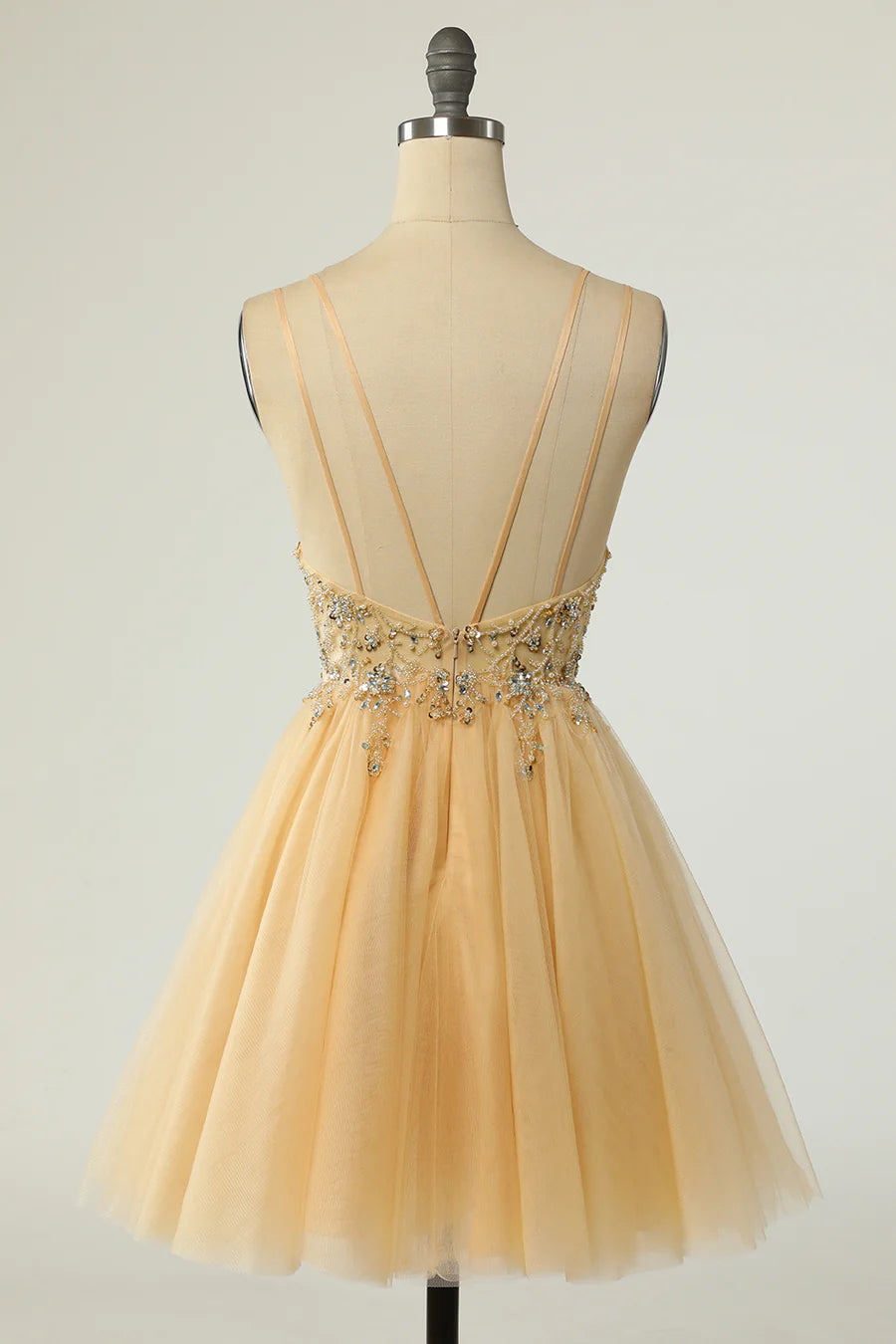 Tulle Plunge V A-Line Beaded Short Cocktail Dress