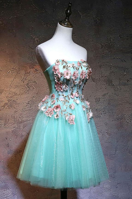 Turquoise Short A-line Flowers Party Dress