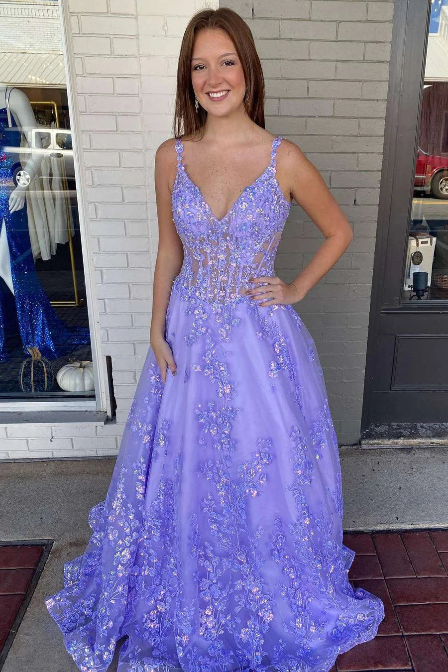 Lavender Floral Lace V-Neck A-Line Prom Gown