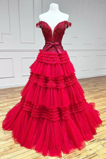 V-neck A-line off shoulder layered ball gown