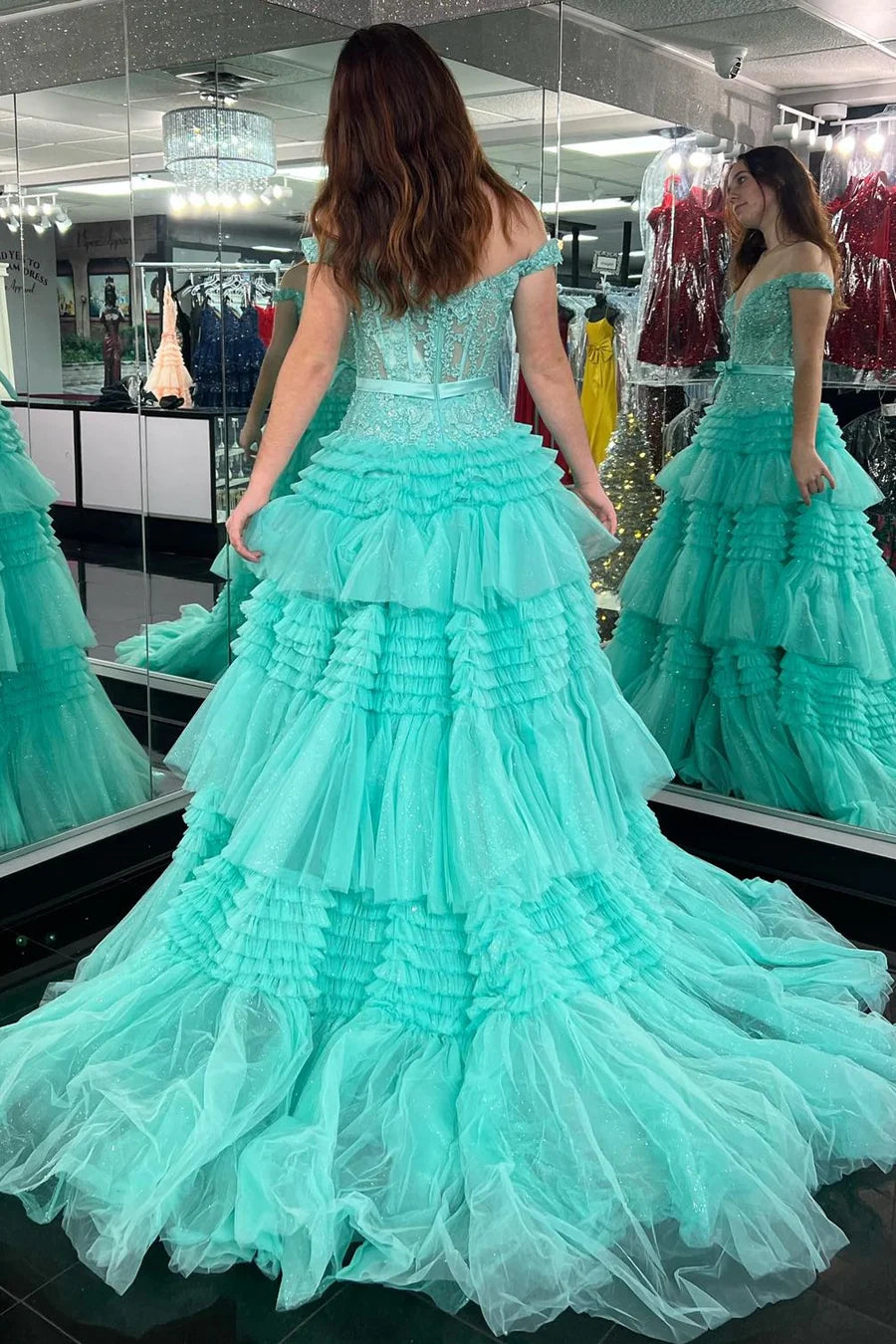 V-neck A-line off shoulder layered ball gown