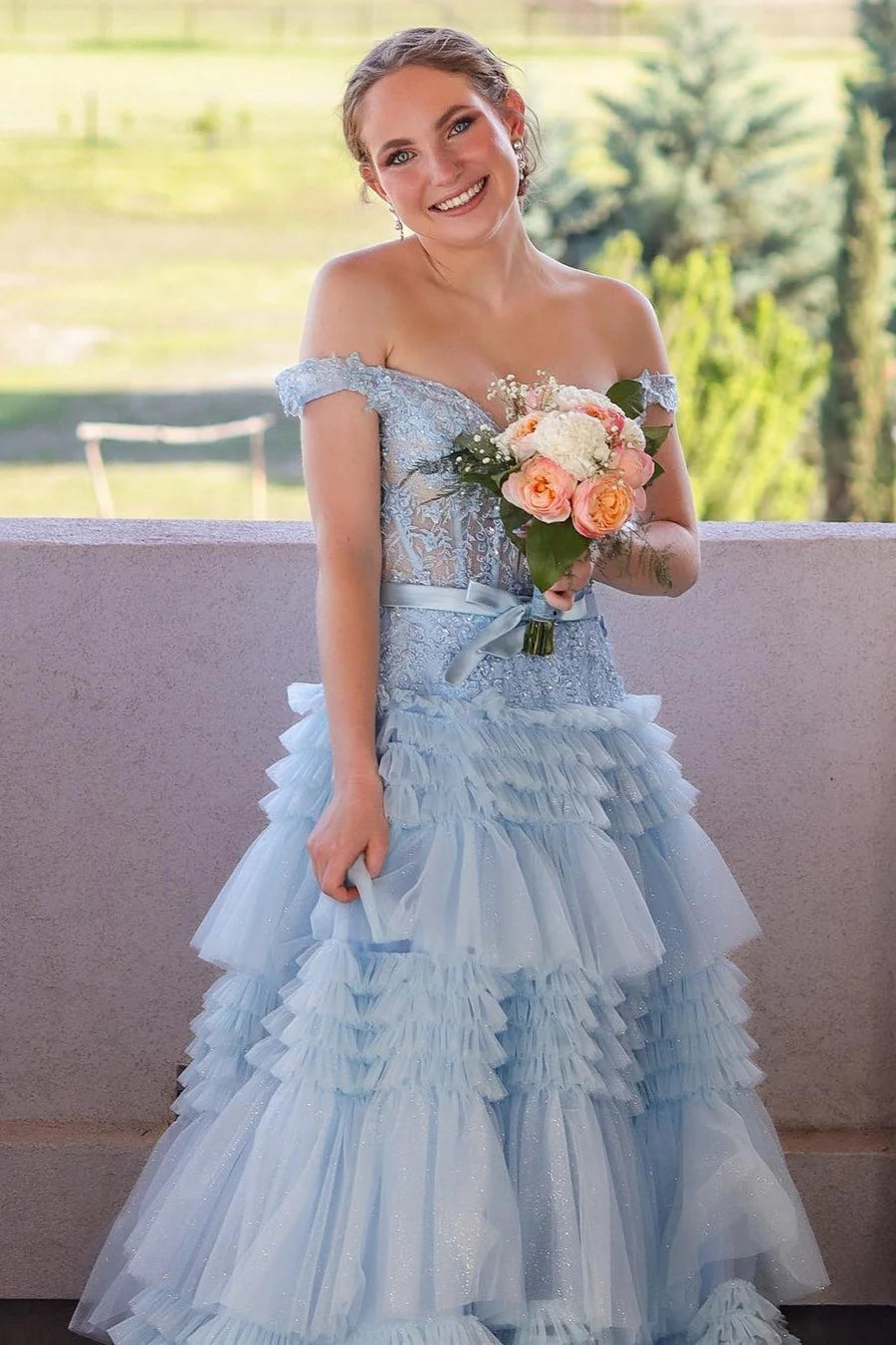 V-neck A-line off shoulder layered ball gown