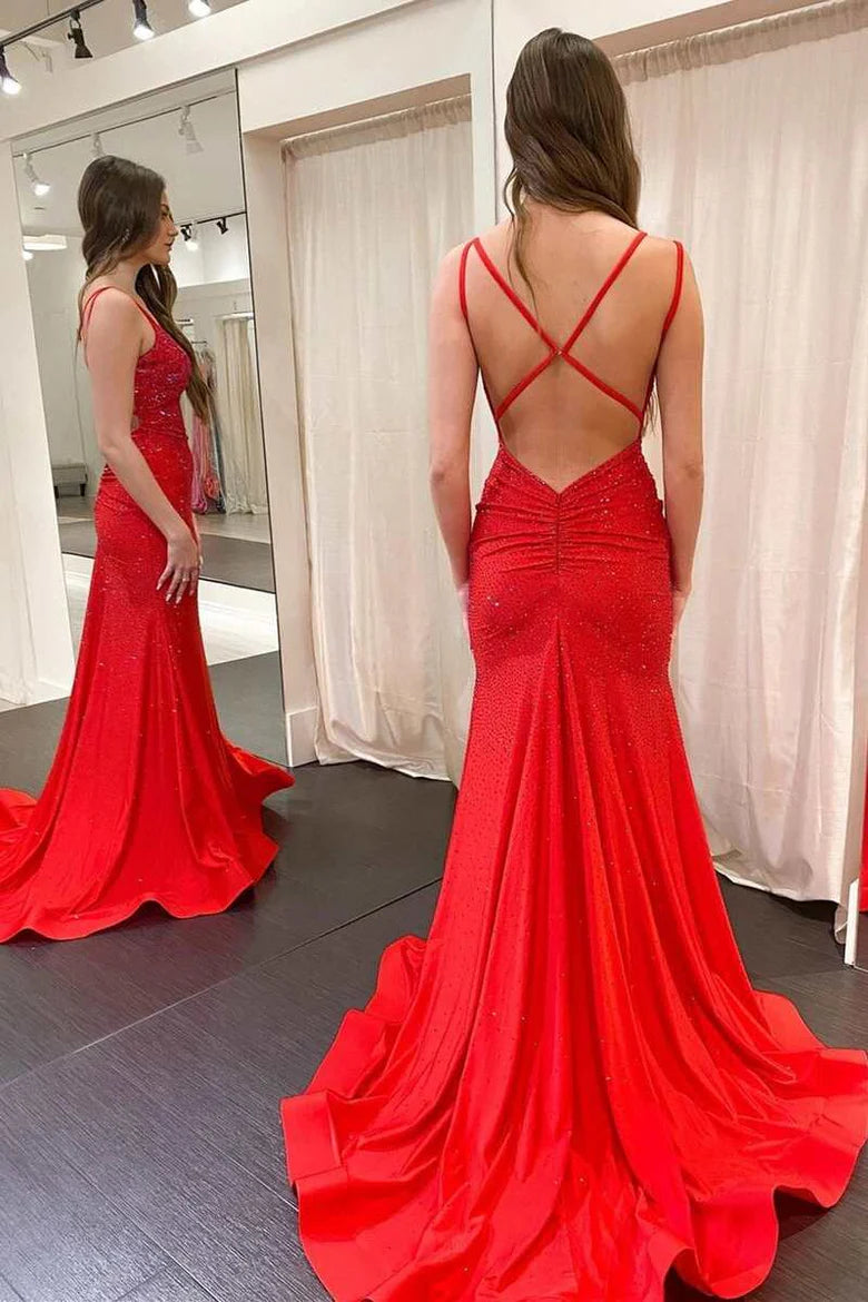 V-neck backless mermaid long ball dress