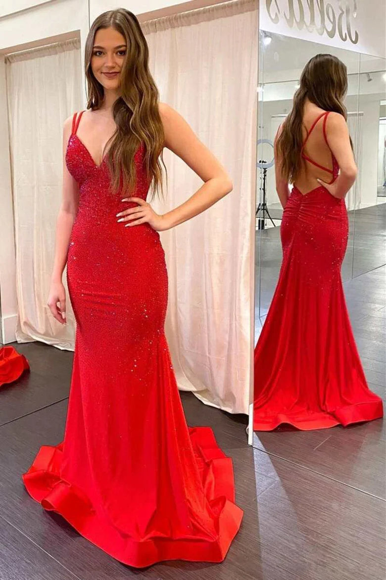 V-neck backless mermaid long ball dress