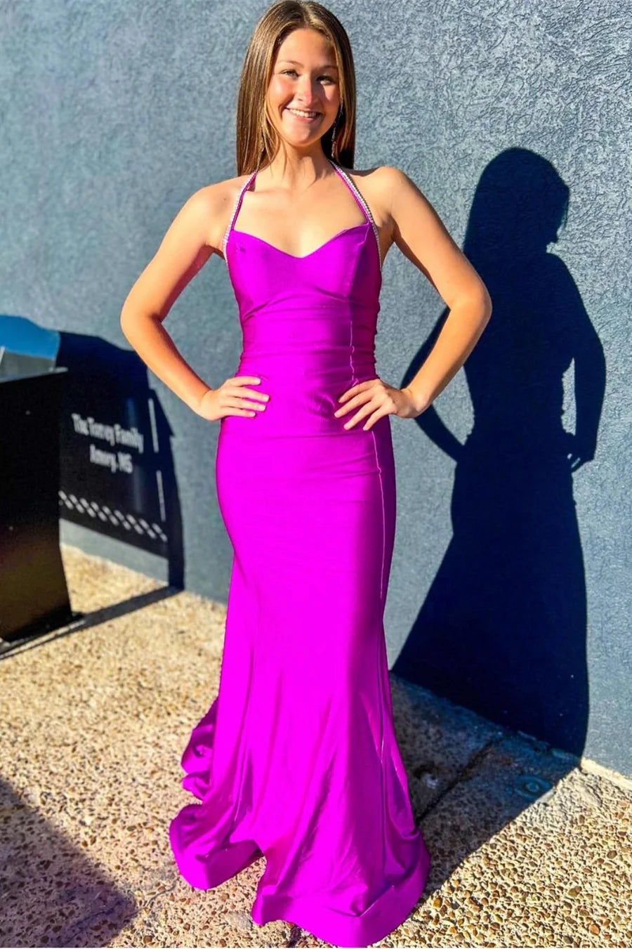 V-neck hanging mermaid backless dress with rhinestones