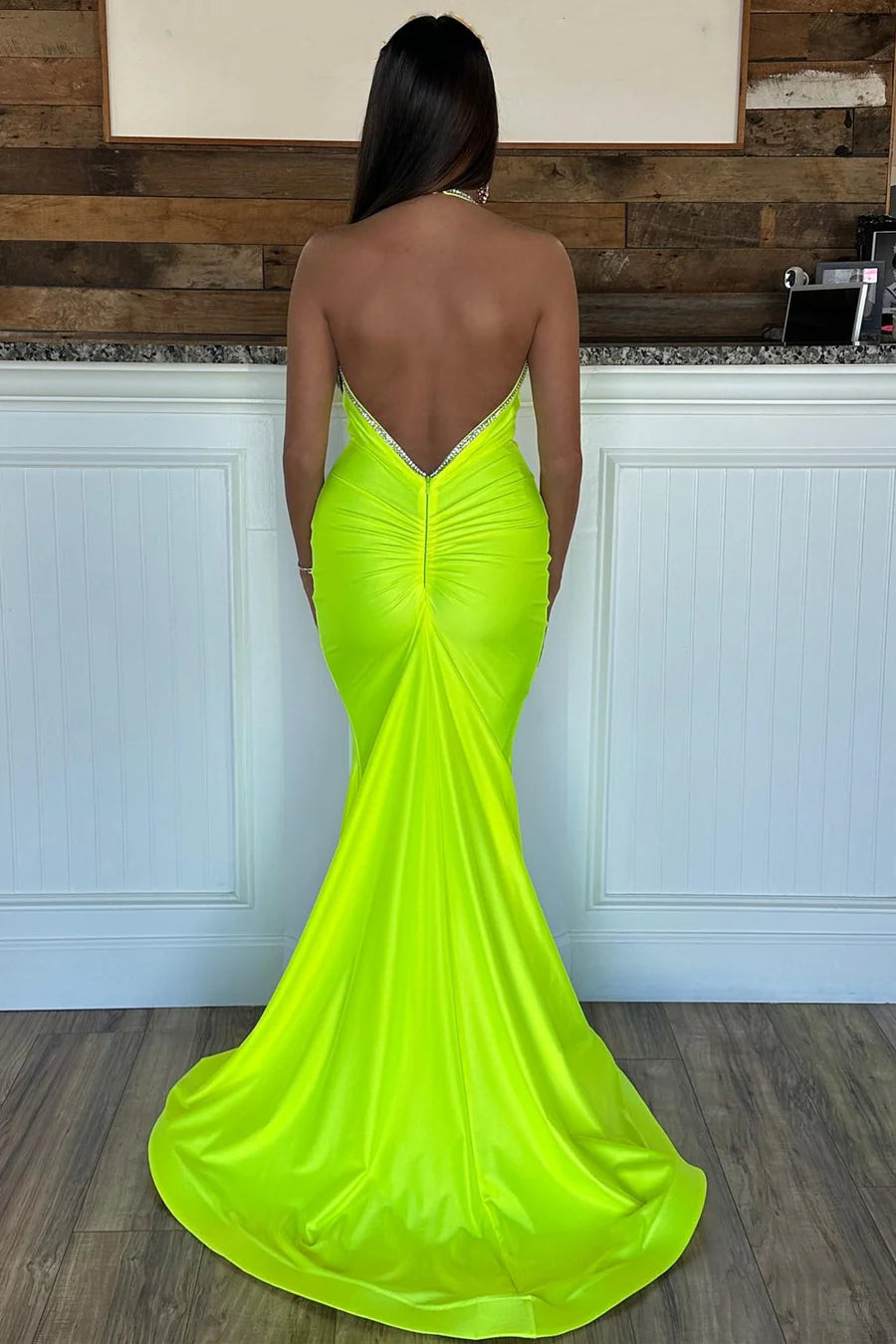 V-neck hanging mermaid backless dress with rhinestones
