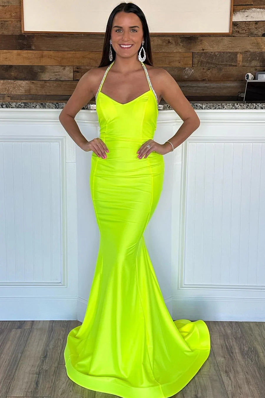 V-neck hanging mermaid backless dress with rhinestones