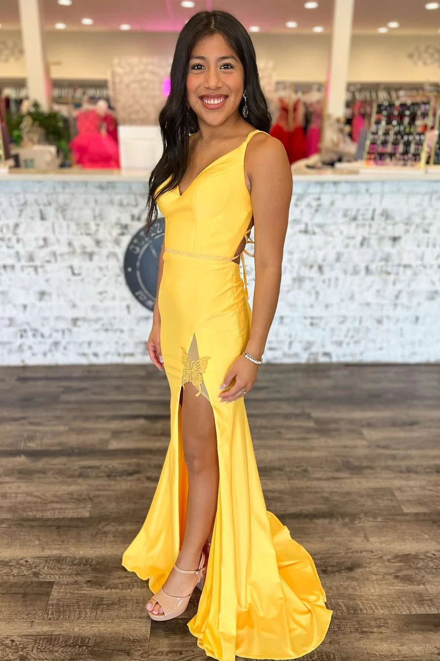 V-neck lace up long butterfly patterned dance dress