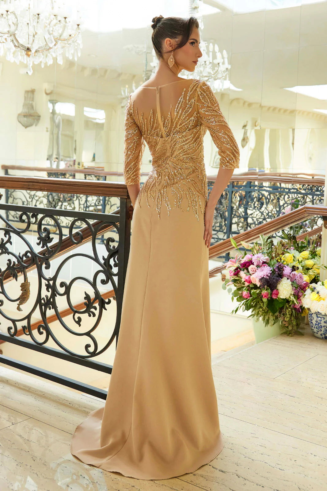 V-neckline mermaid mid sleeve dress with side slit and mid cuff sequins