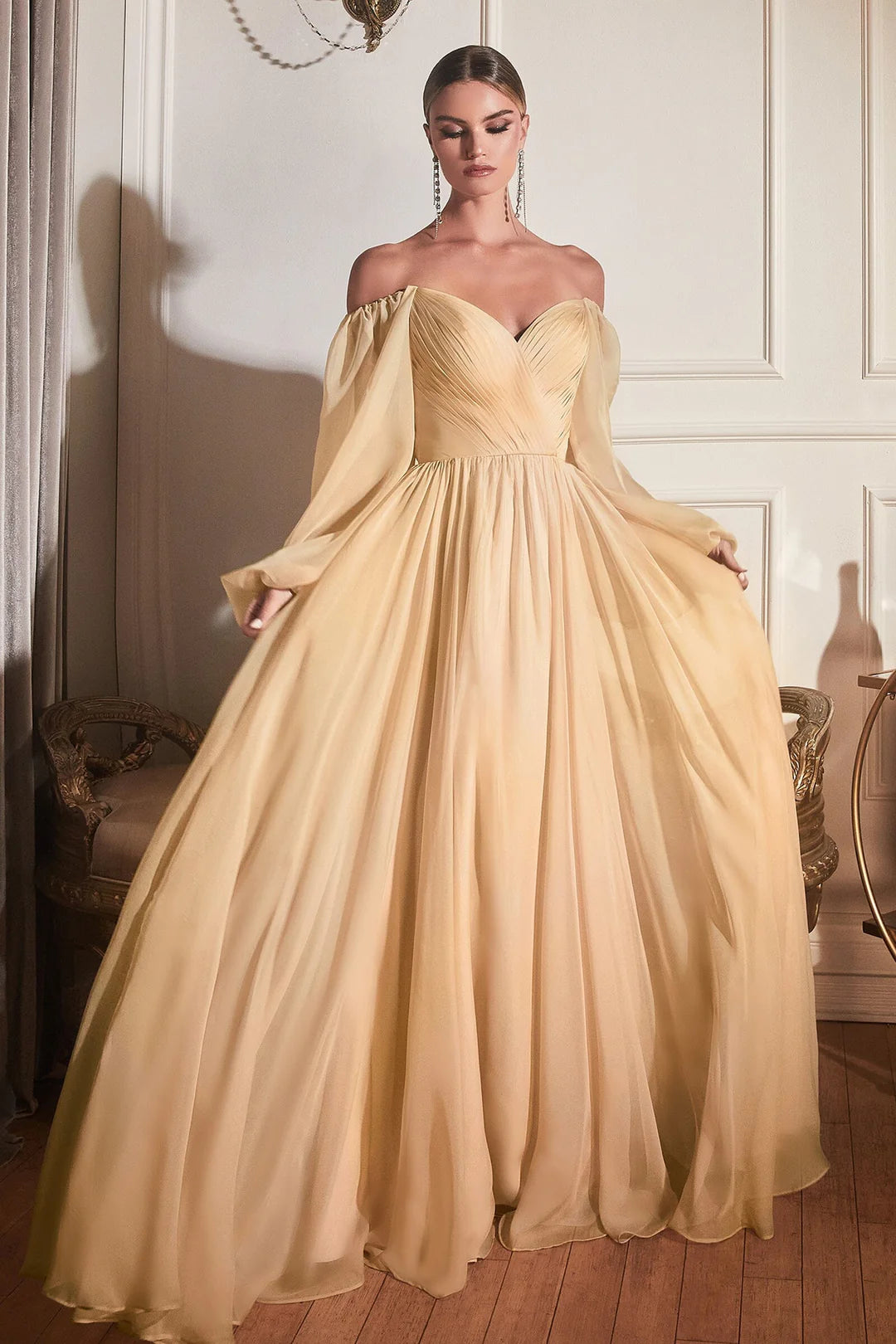 V-neck off shoulder long sleeved A-line dress