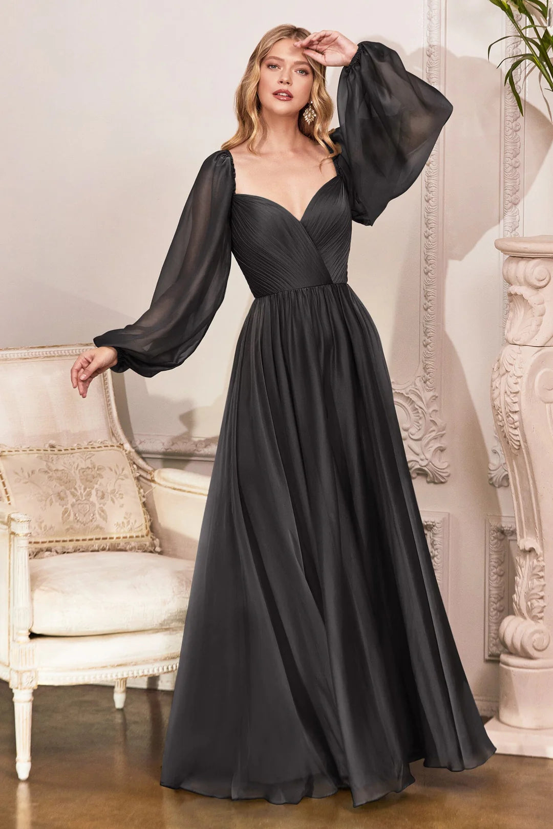 V-neck off shoulder long sleeved A-line dress