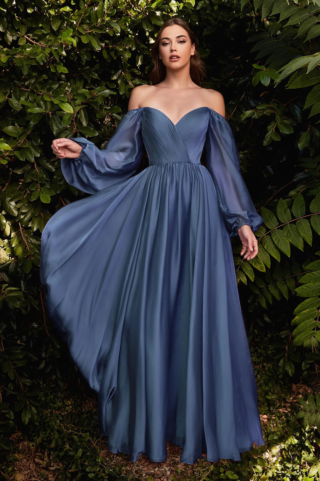 V-neck off shoulder long sleeved A-line dress
