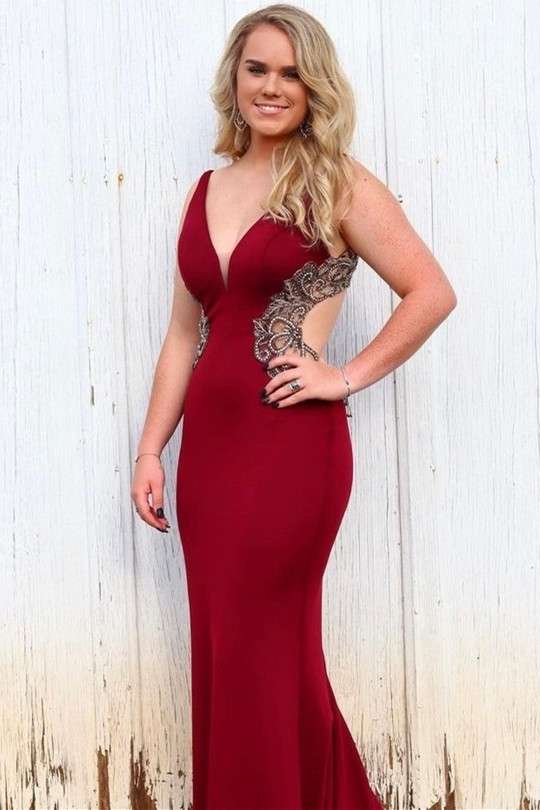 V-neck sticker flower dew backed mermaid long formal dress