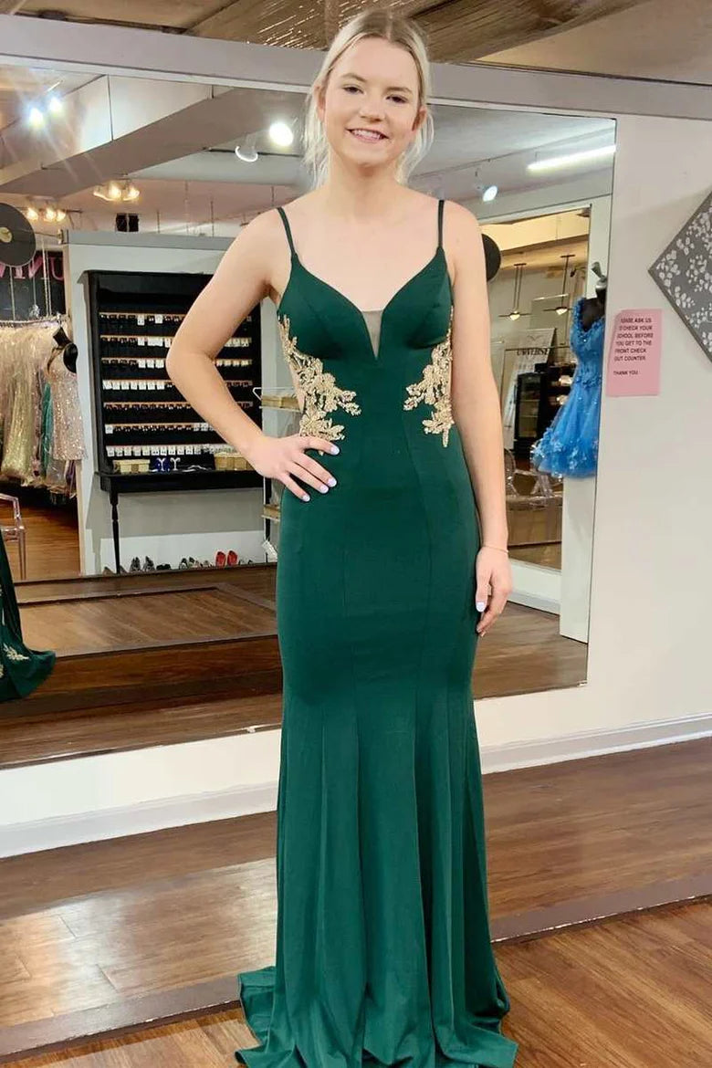 V-neck sticker flower dew backed mermaid long formal dress