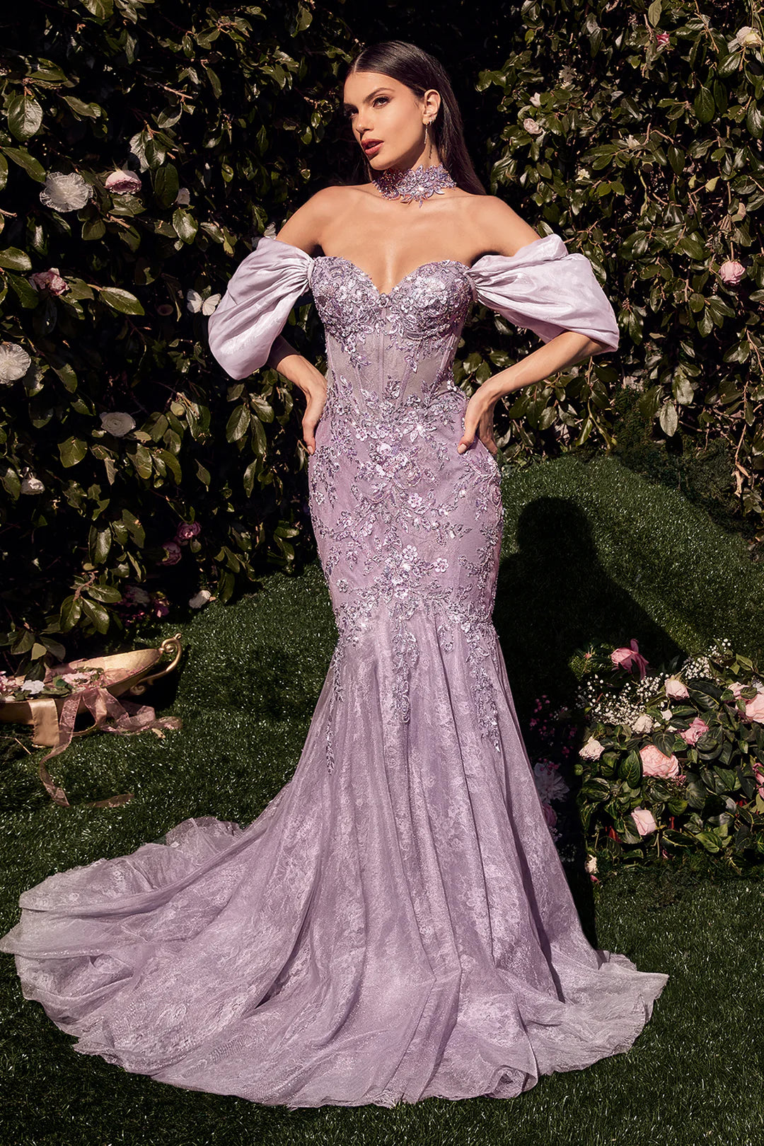 V-neck tight corset mermaid dress with detachable sleeves