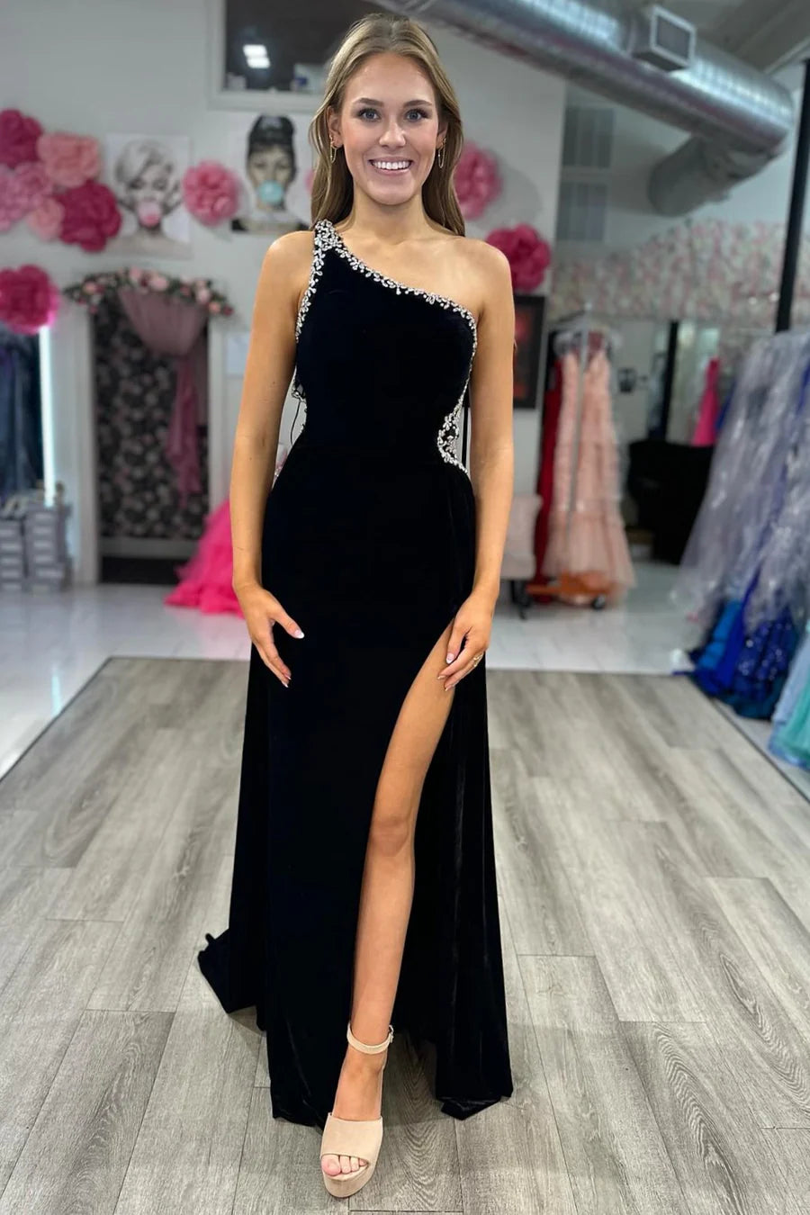 Velvet shoulder beaded long formal dress