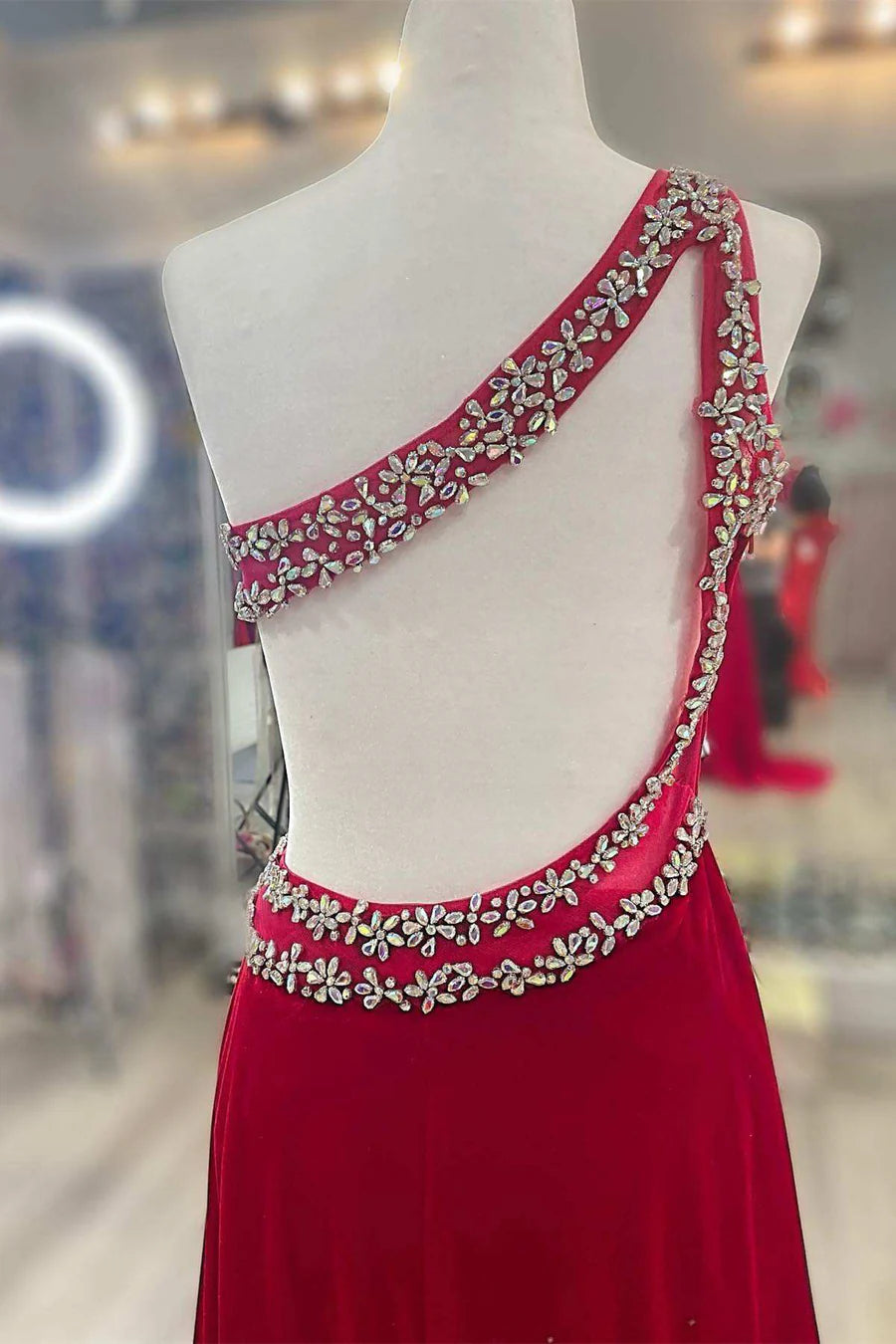 Velvet shoulder beaded long formal dress