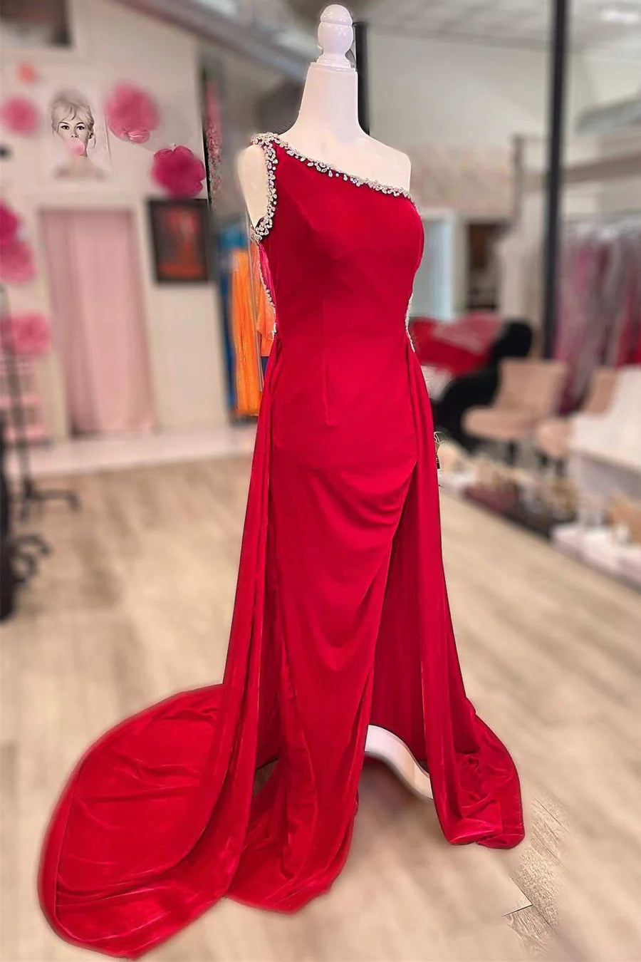 Velvet shoulder beaded long formal dress