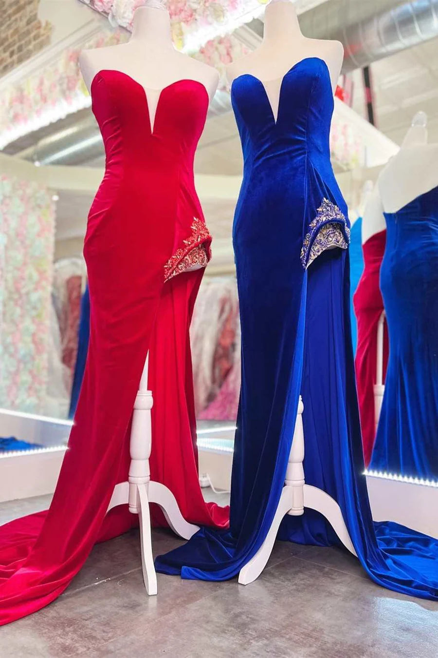 Velvet strapless mermaid long ball dress with slit
