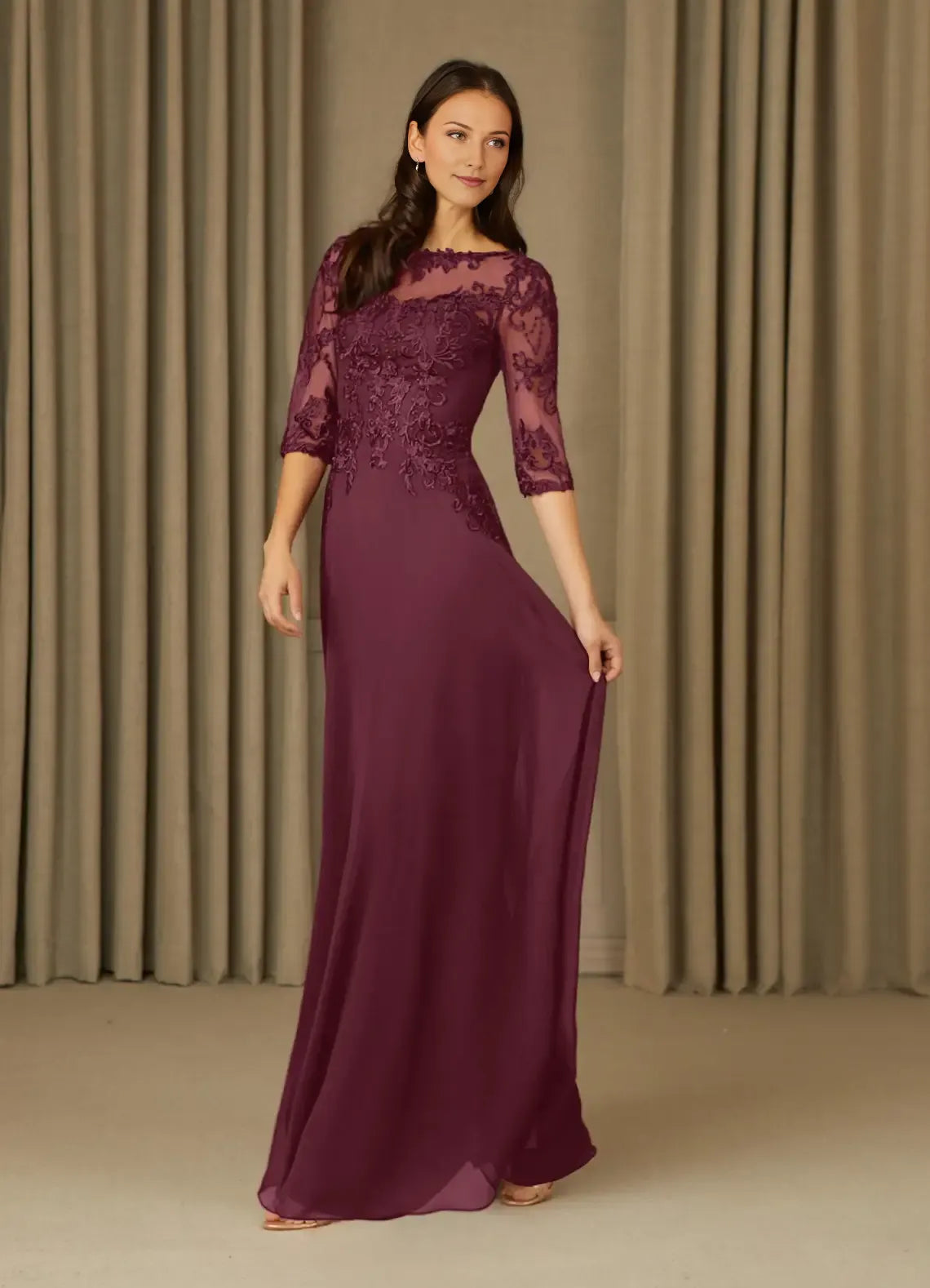 Vintage A-Line Lace Chiffon Illusion Boat neck Three-Quarter Sleeve Back Zip Floor-Length Mother of the Bride Dress for women hot sale