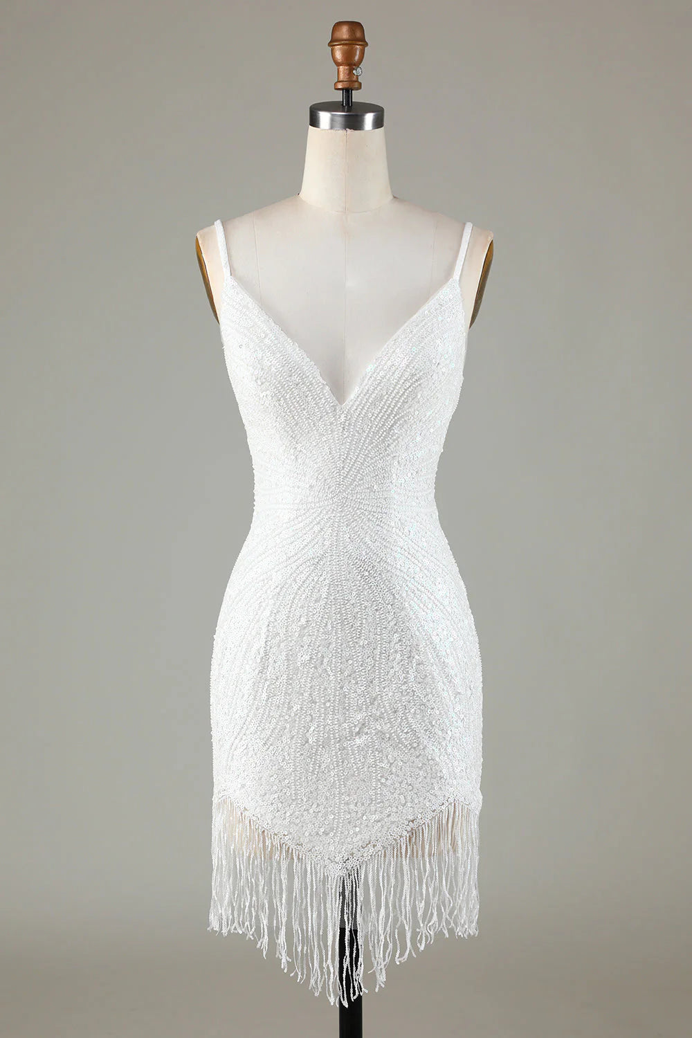 Sparkling deep V-strap back beaded short tassel back to school dress