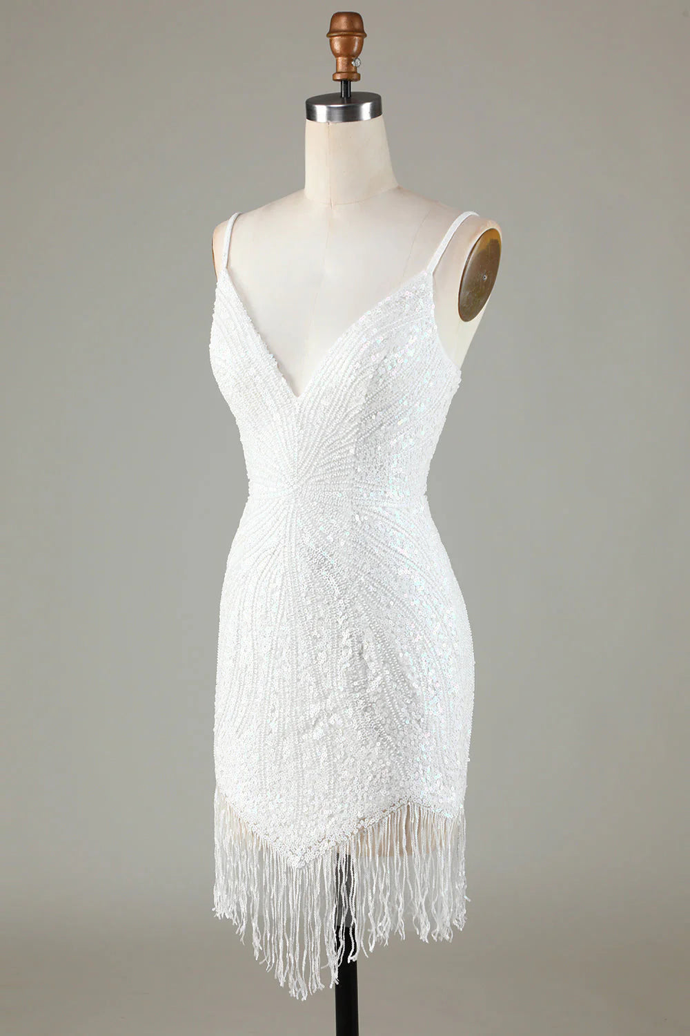 Sparkling deep V-strap back beaded short tassel back to school dress
