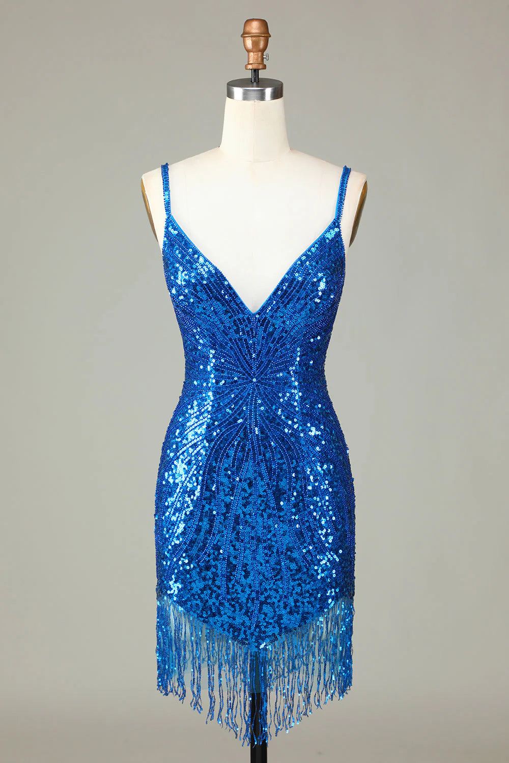 Sparkling deep V-strap back beaded short tassel back to school dress