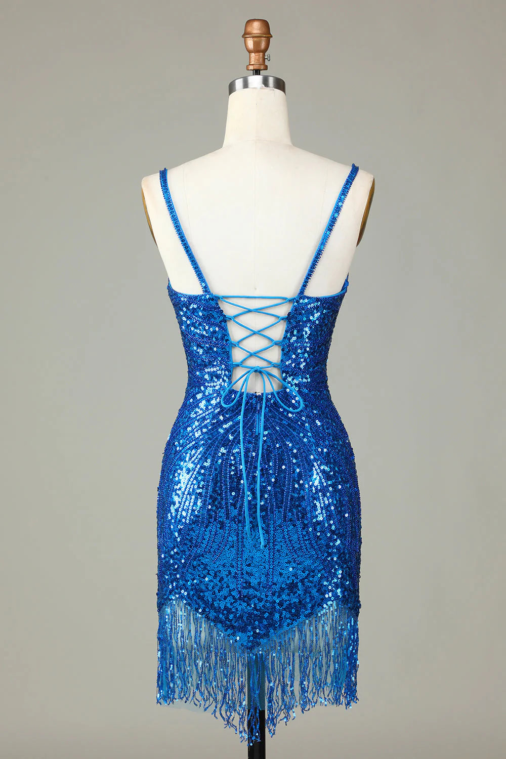 Sparkling deep V-strap back beaded short tassel back to school dress