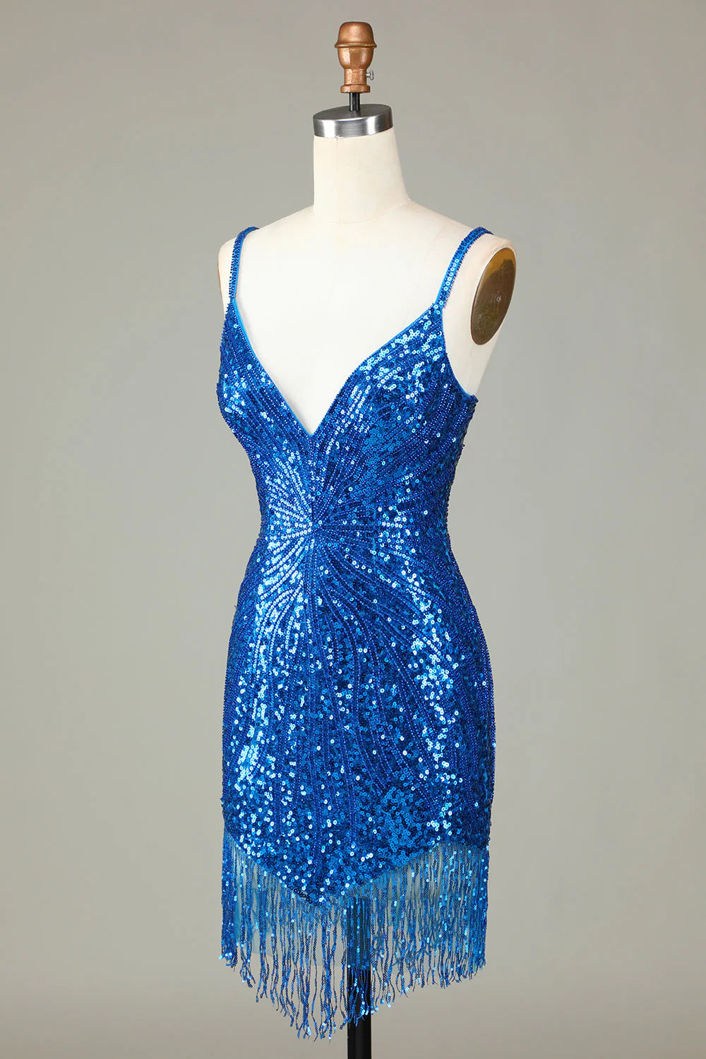 Sparkling deep V-strap back beaded short tassel back to school dress