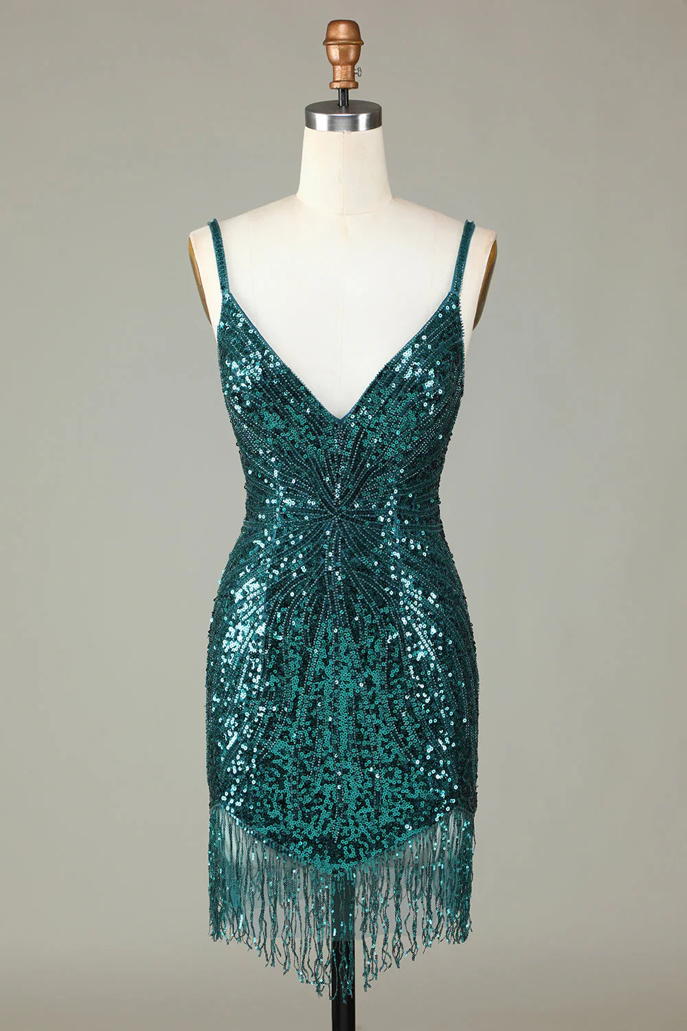 Sparkling deep V-strap back beaded short tassel back to school dress