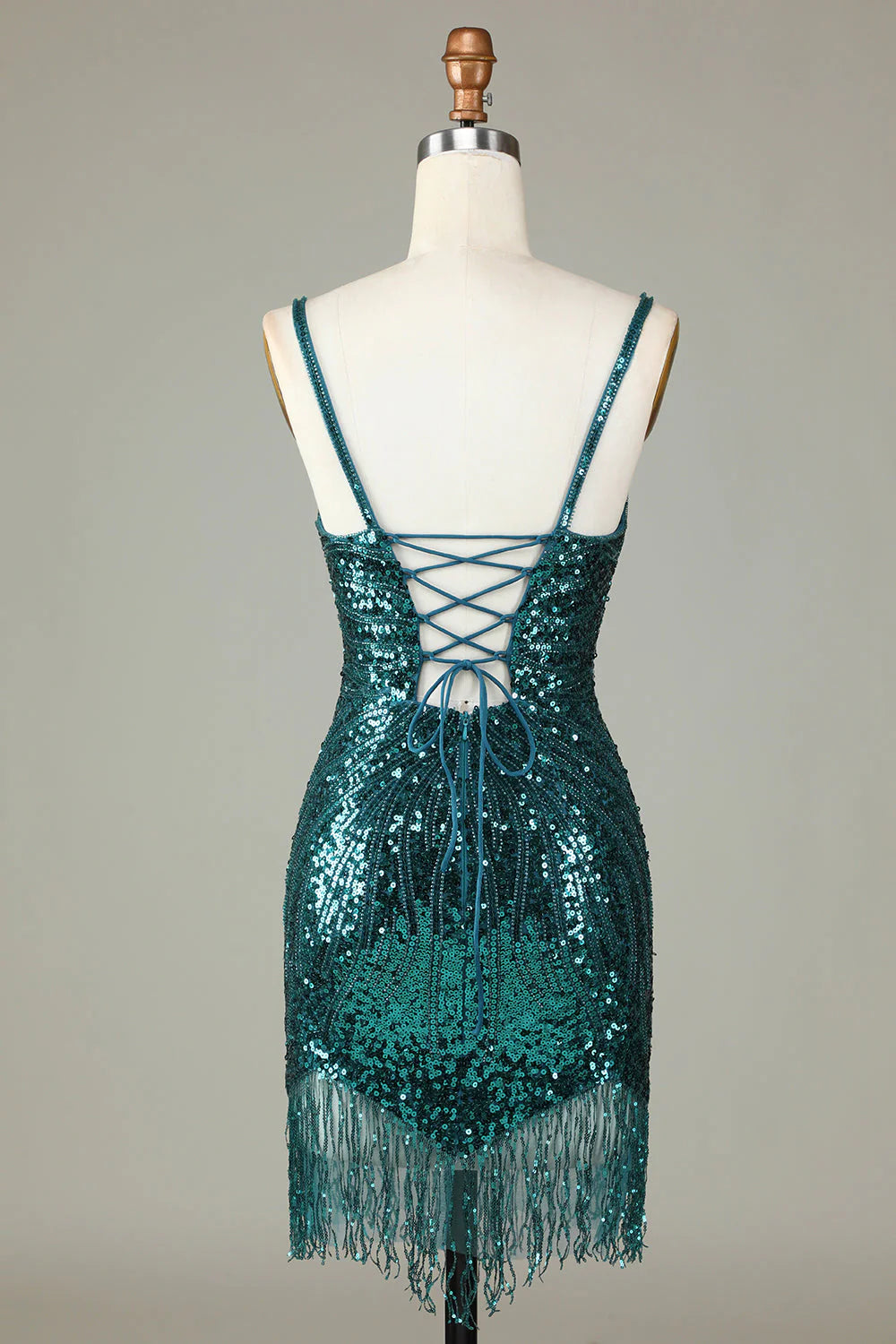 Sparkling deep V-strap back beaded short tassel back to school dress