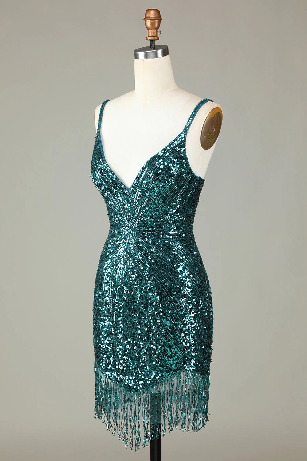 Sparkling deep V-strap back beaded short tassel back to school dress