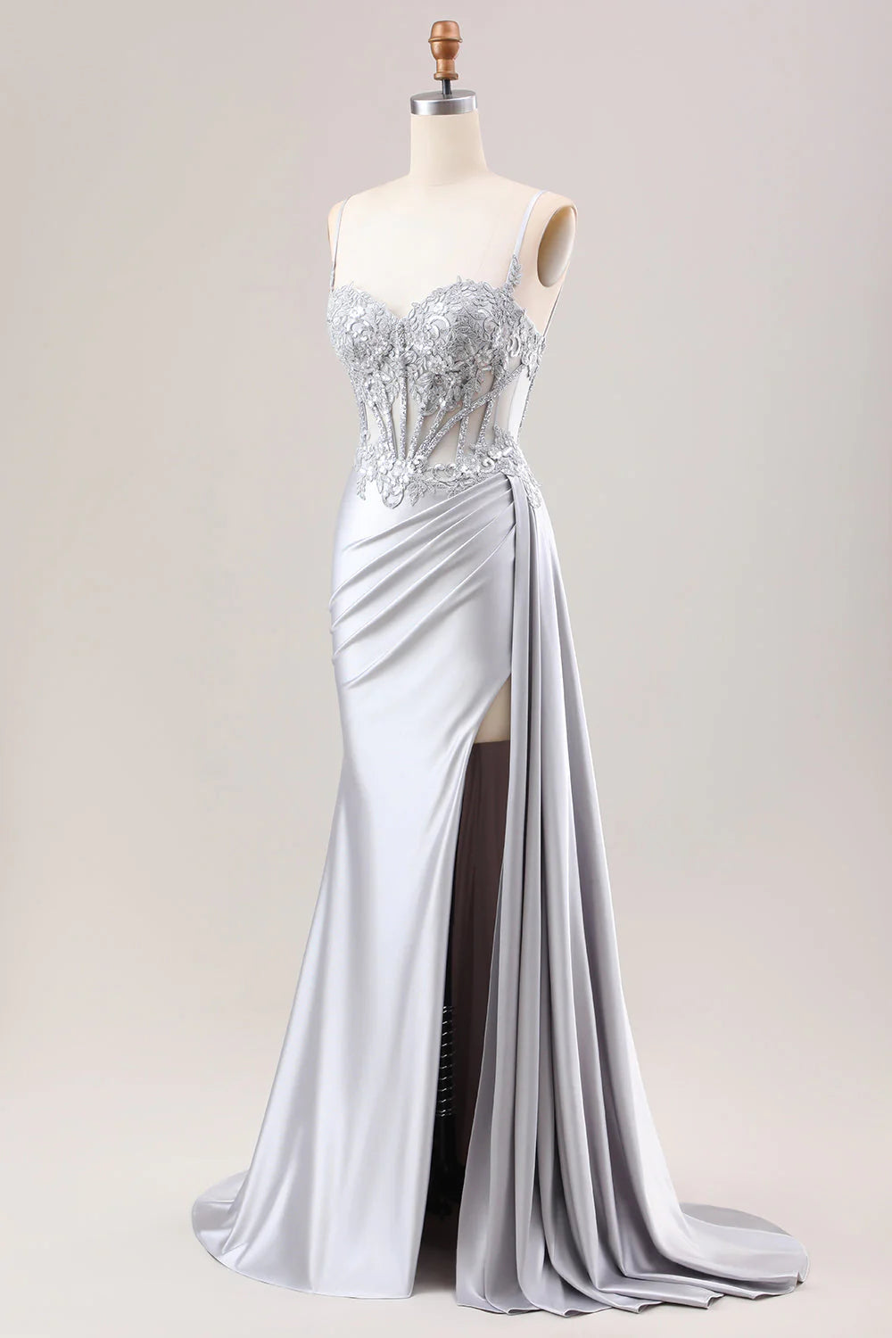 Silver Mermaid Ruched Sheer Top Corset Satin Watteau Train Prom Dress With Slit