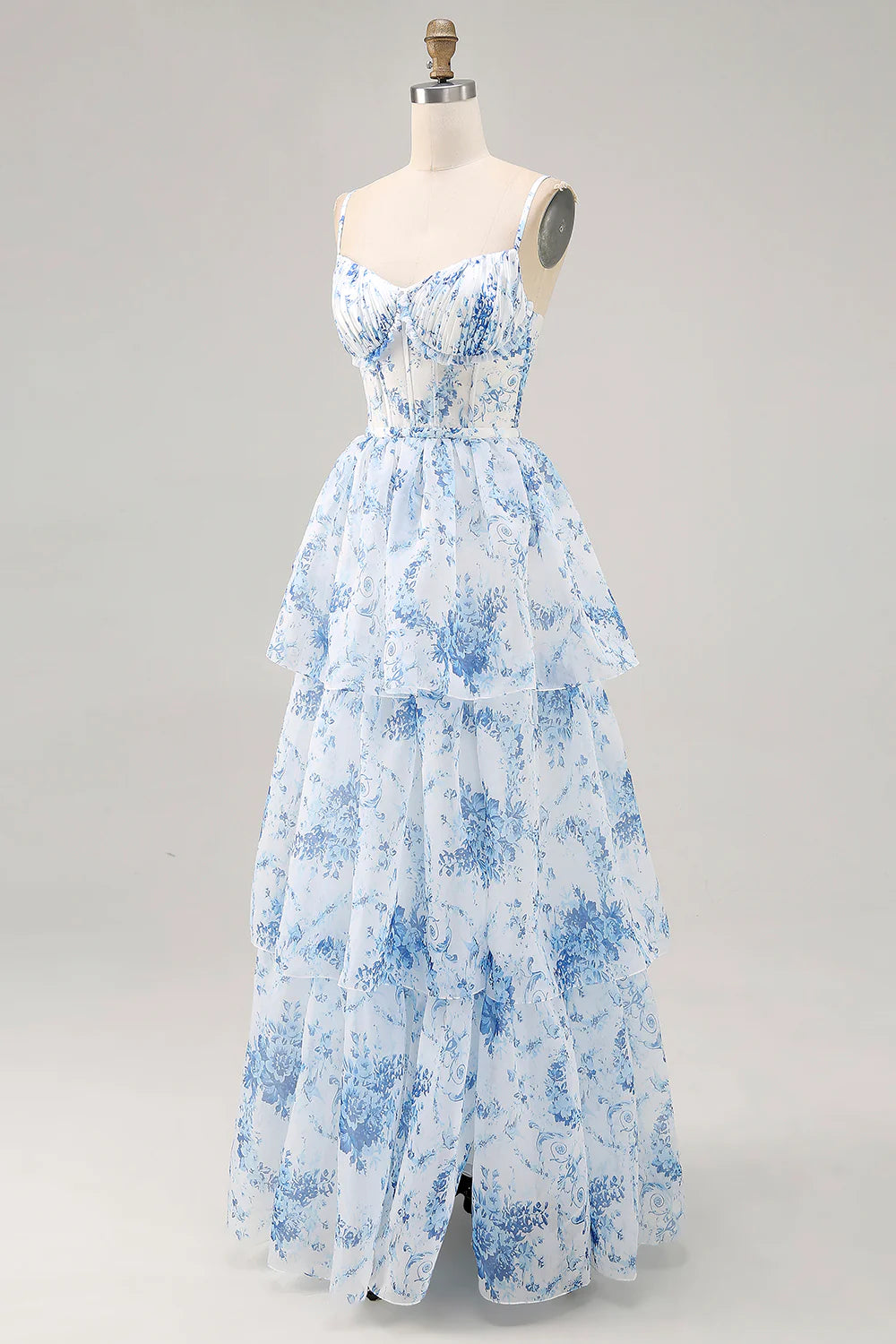 White Blue Flower A-Line Lace Up Back Long Bridesmaid Dress with Slit