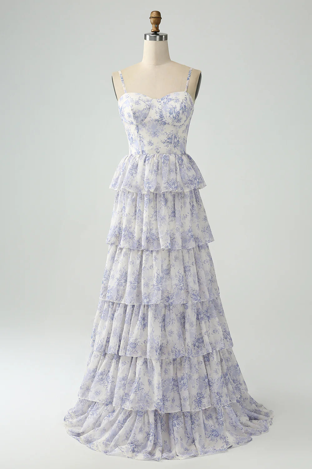 White Blue Flower A Line Spaghetti Straps Tiered Corset Maxi Dress
