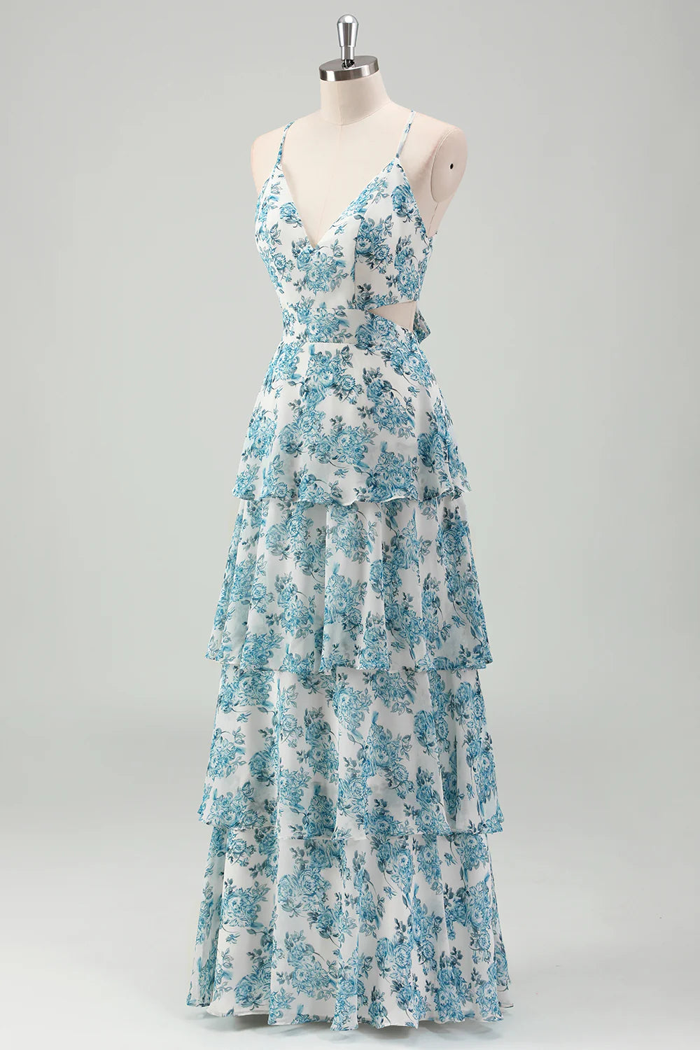 White Blue Flower A Line V Neck Tiered Long Bridesmaid Dress with Lace Up Back