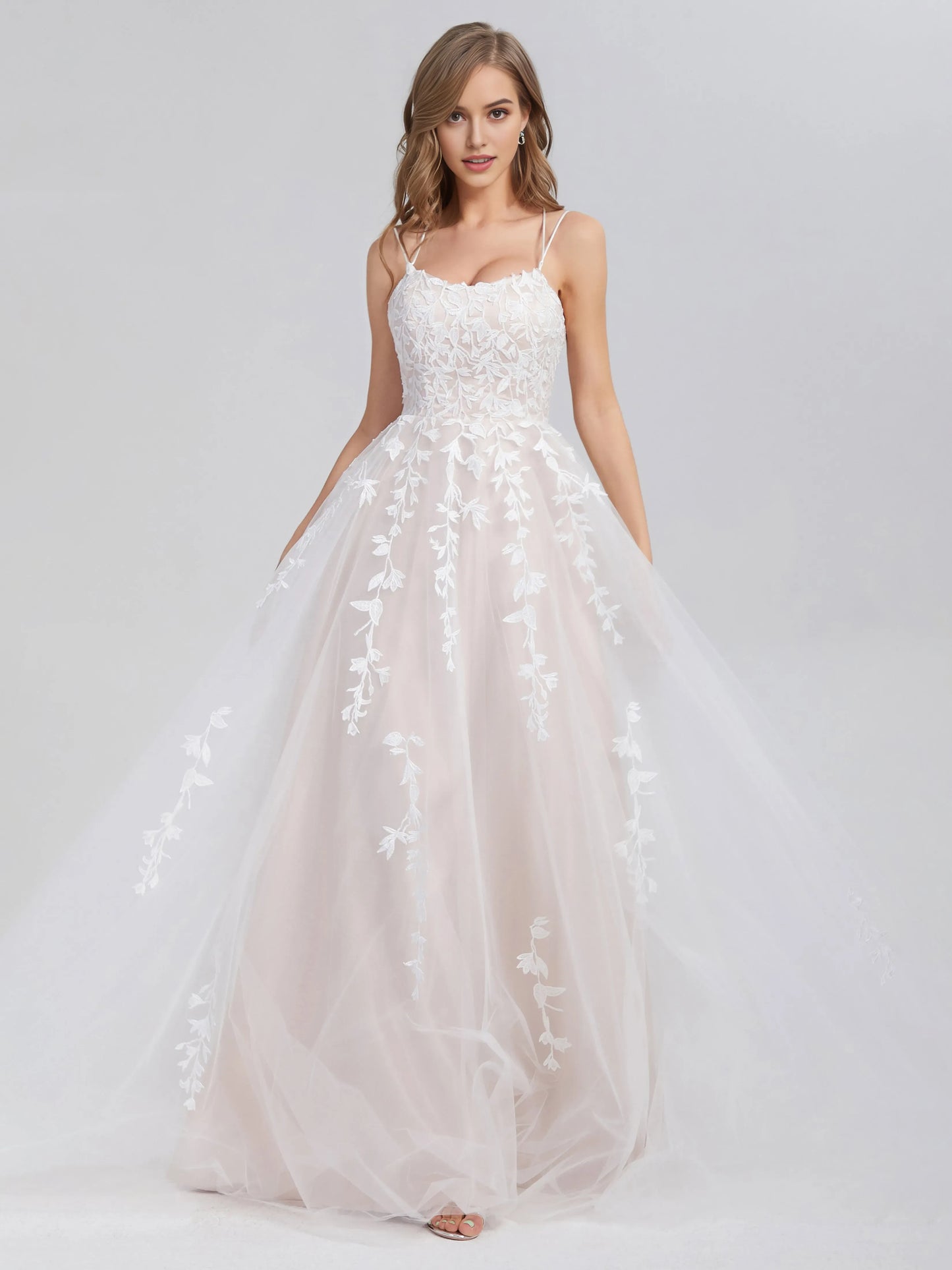 White Criss Cross Appliques Satin Tulle Prom Dress with Spaghetti Straps Floral Lace Appliqués and A - Line Silhouette