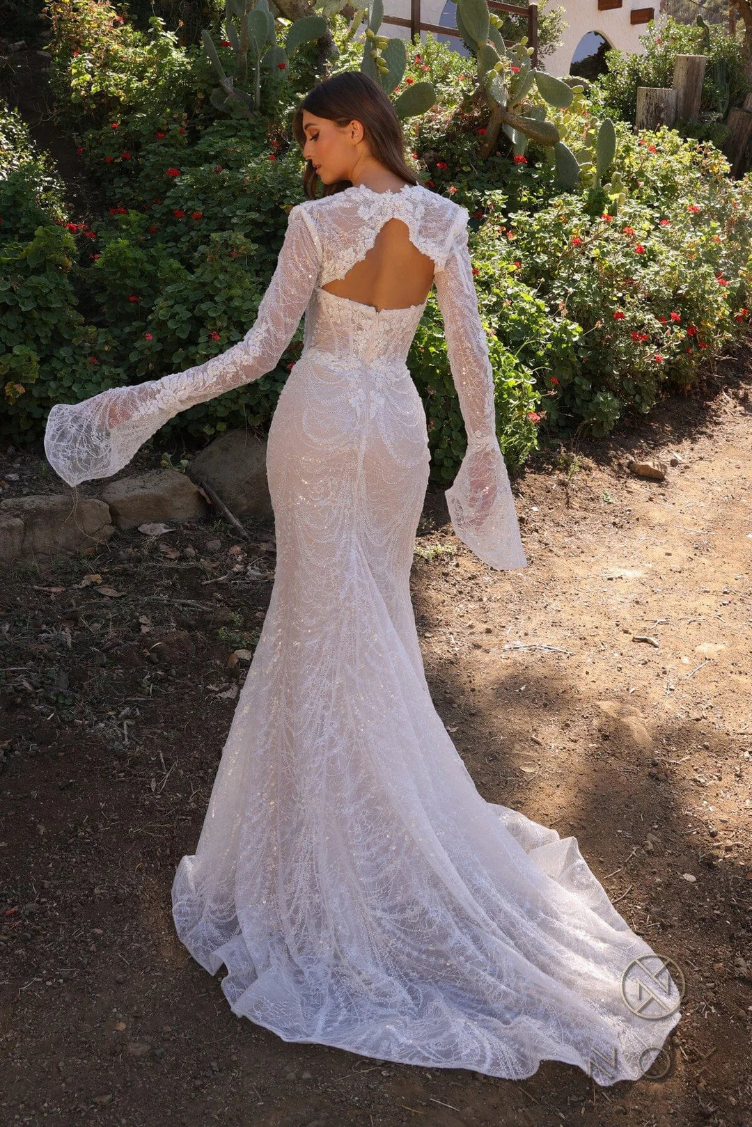 White Deep V Mermaid Wedding Dress Long Sleeve Two Piece Set