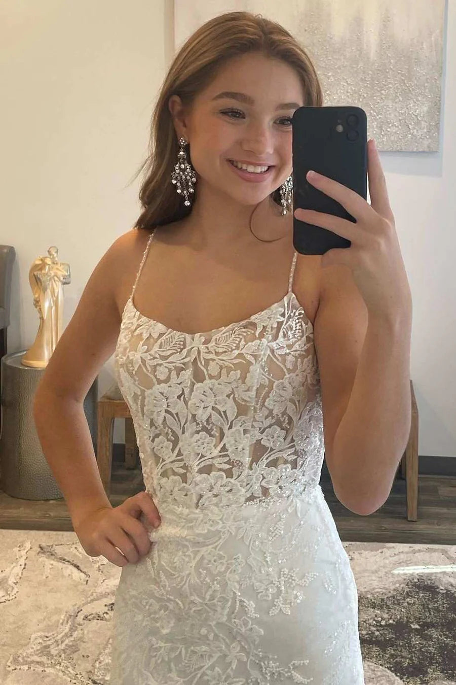 White Floral Lace Scoop Neck Lace-Up Mermaid Long Prom Dress