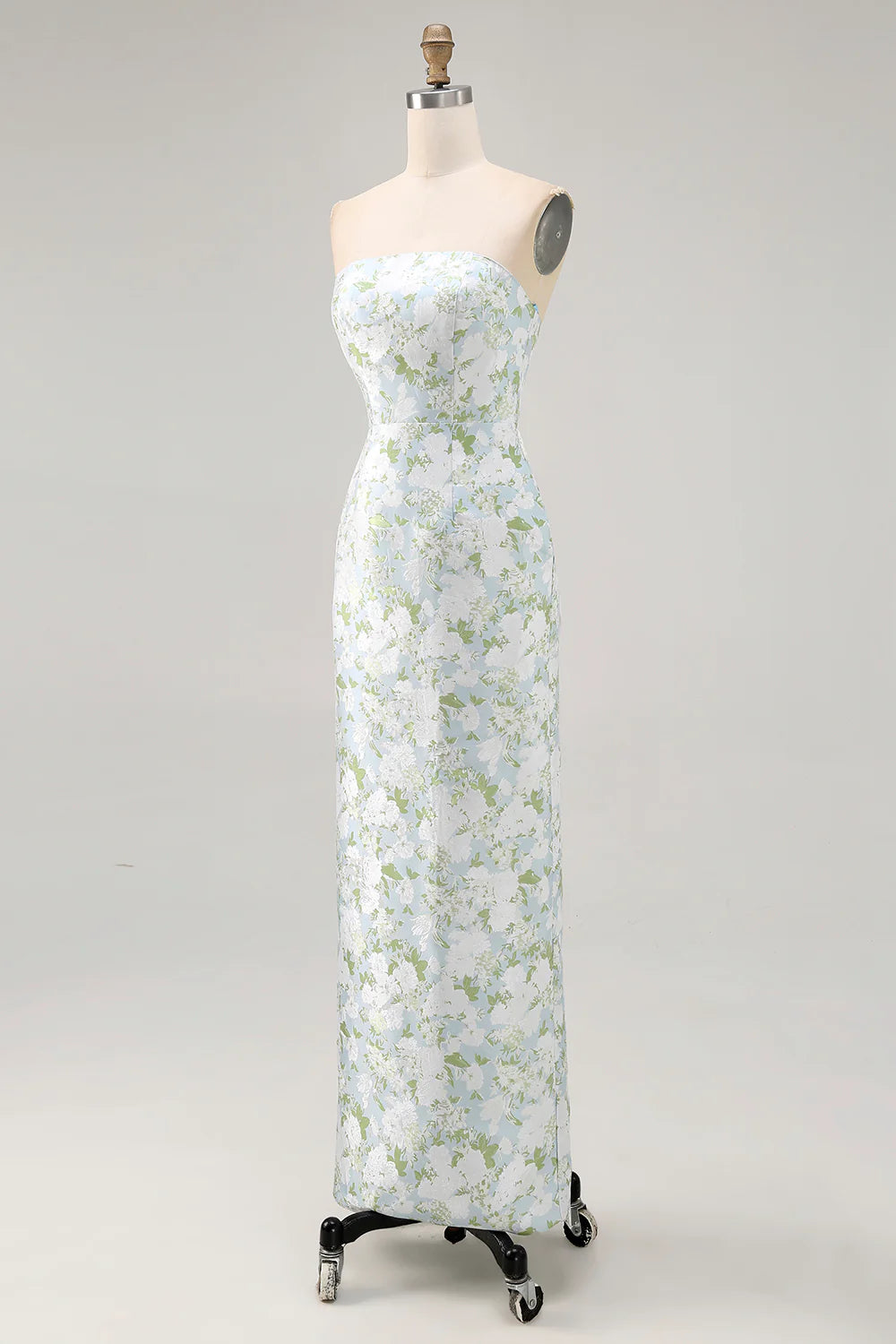 White Flower Sheath Strapless Printed Midi Dress with Slit