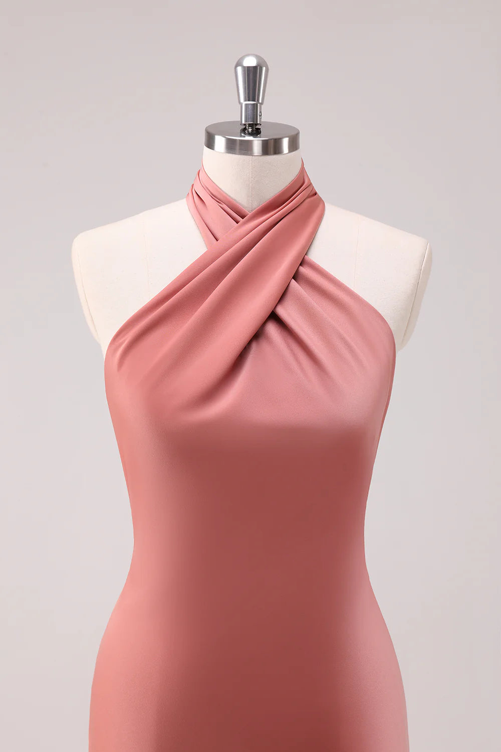 Terracotta Mermaid Halter Backless Floor Length Satin Bridesmaid Dress