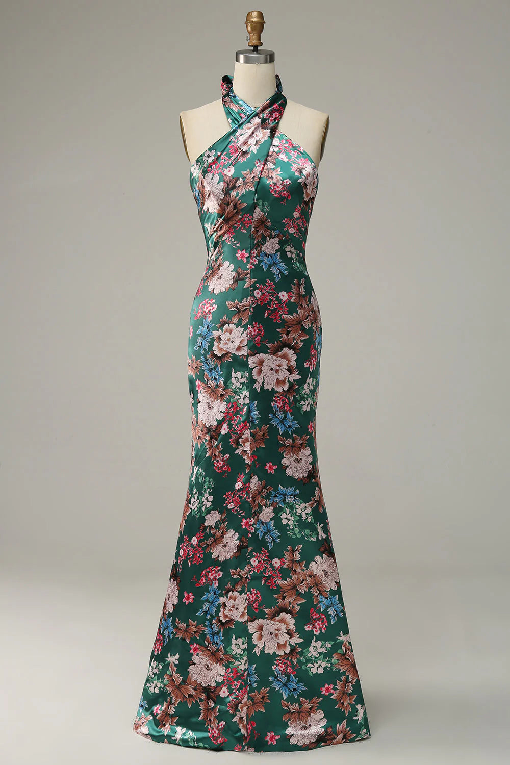 Flower Mermaid Halter Floor Length Print Satin Bridesmaid Dress