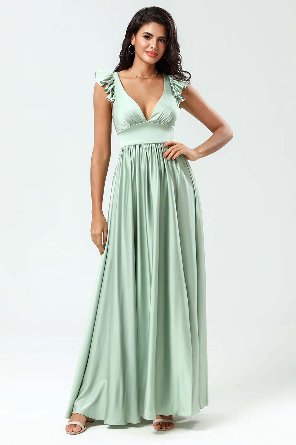 Backless Deep V-Neck A Line Green Split Bridesmaid Dress with Ruffles