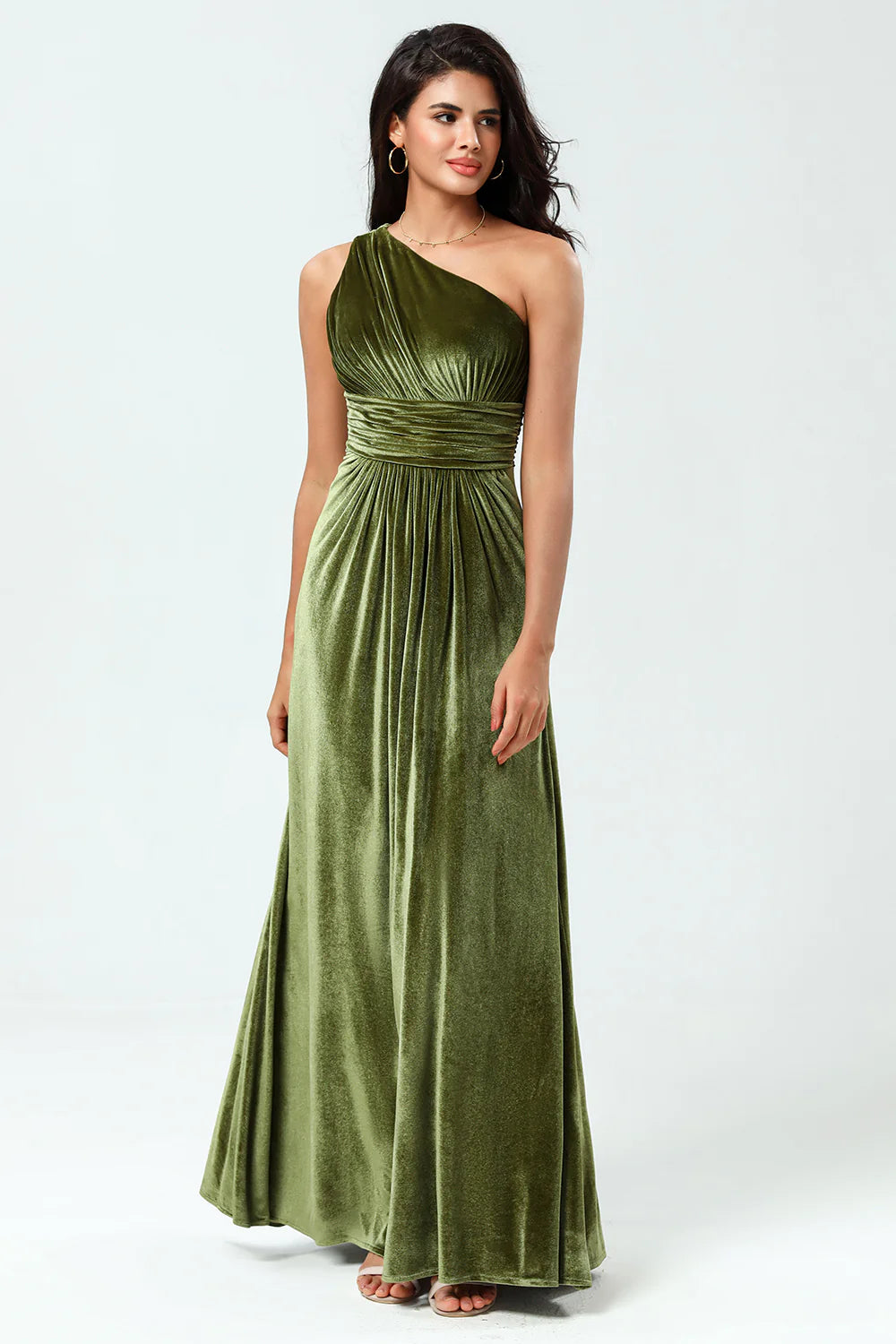A Line One Shoulder Ruched Velvet Floor-Length Dress