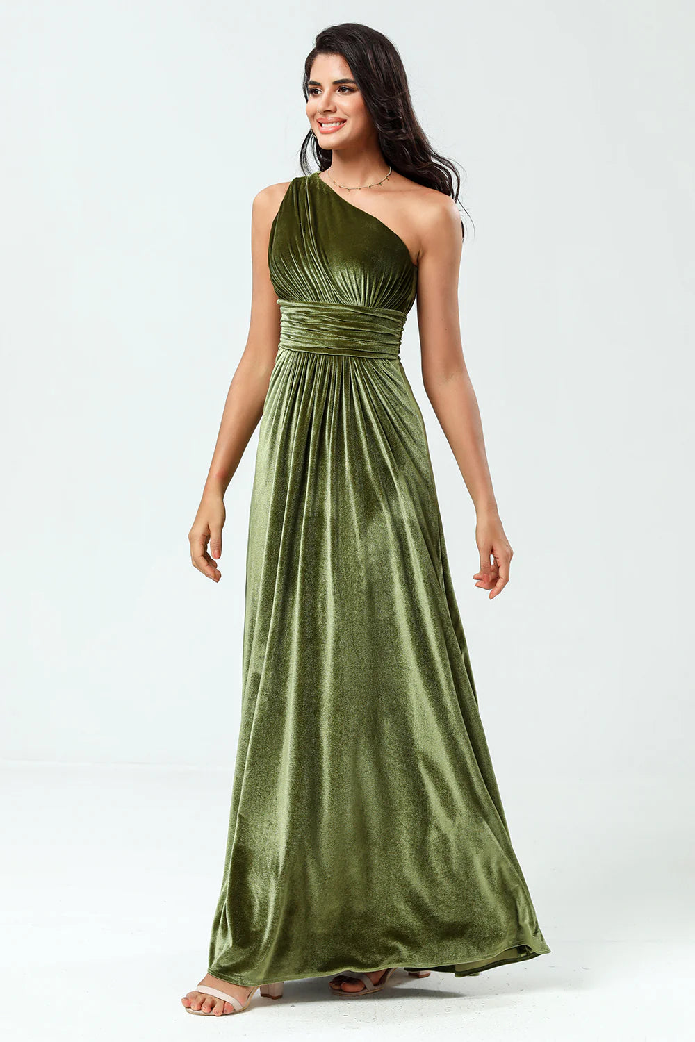 A Line One Shoulder Ruched Velvet Floor-Length Dress