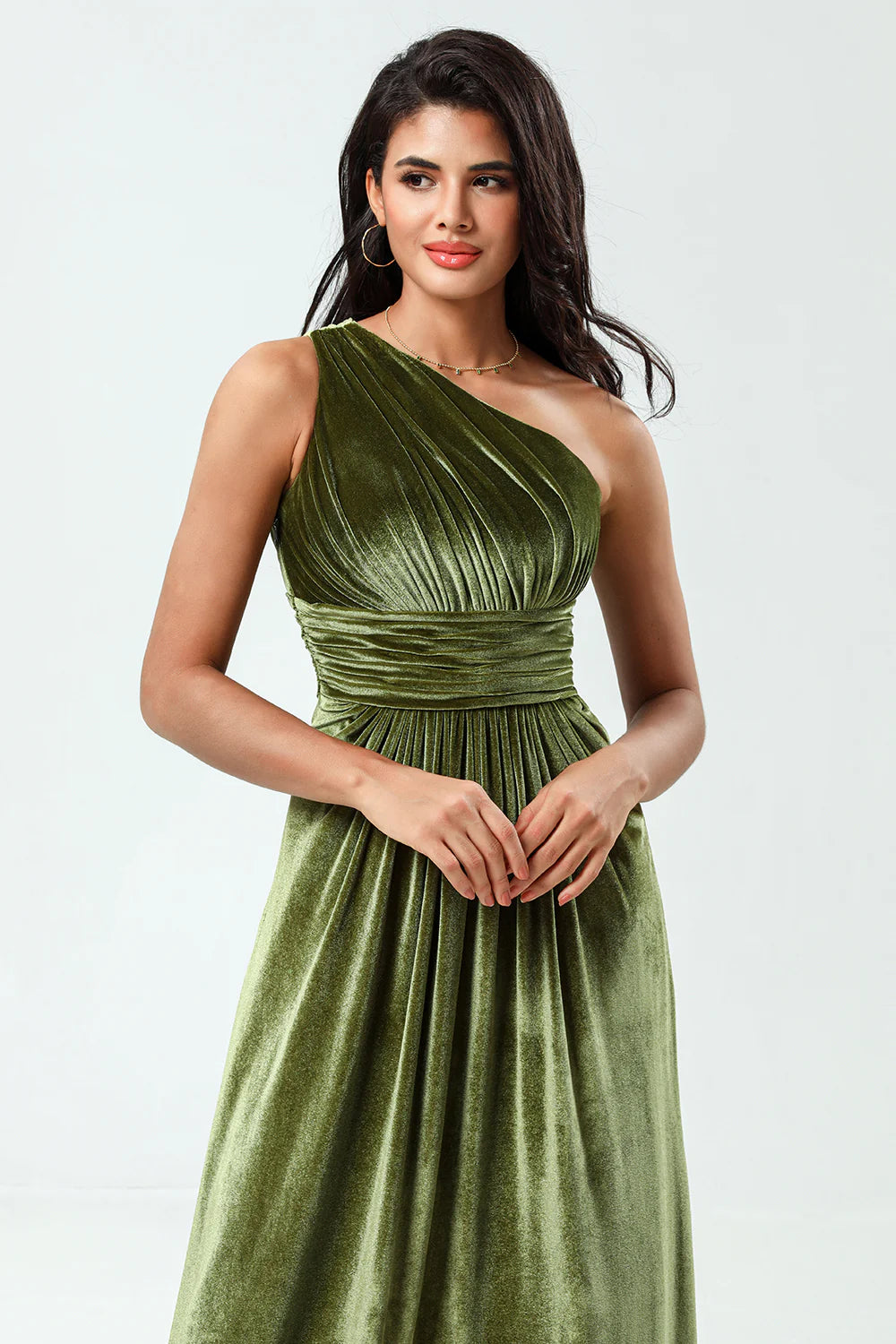A Line One Shoulder Ruched Velvet Floor-Length Dress