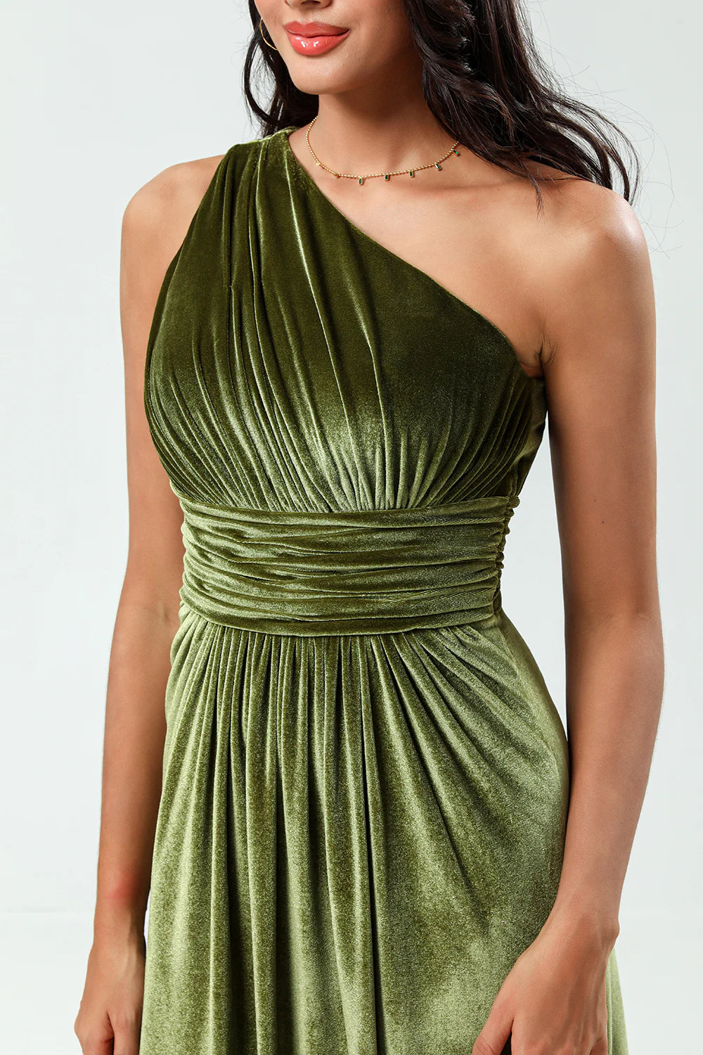 A Line One Shoulder Ruched Velvet Floor-Length Dress