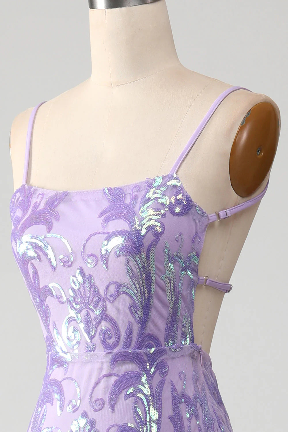 Light purple thin shoulder strap sparkling sequin backless ball dress