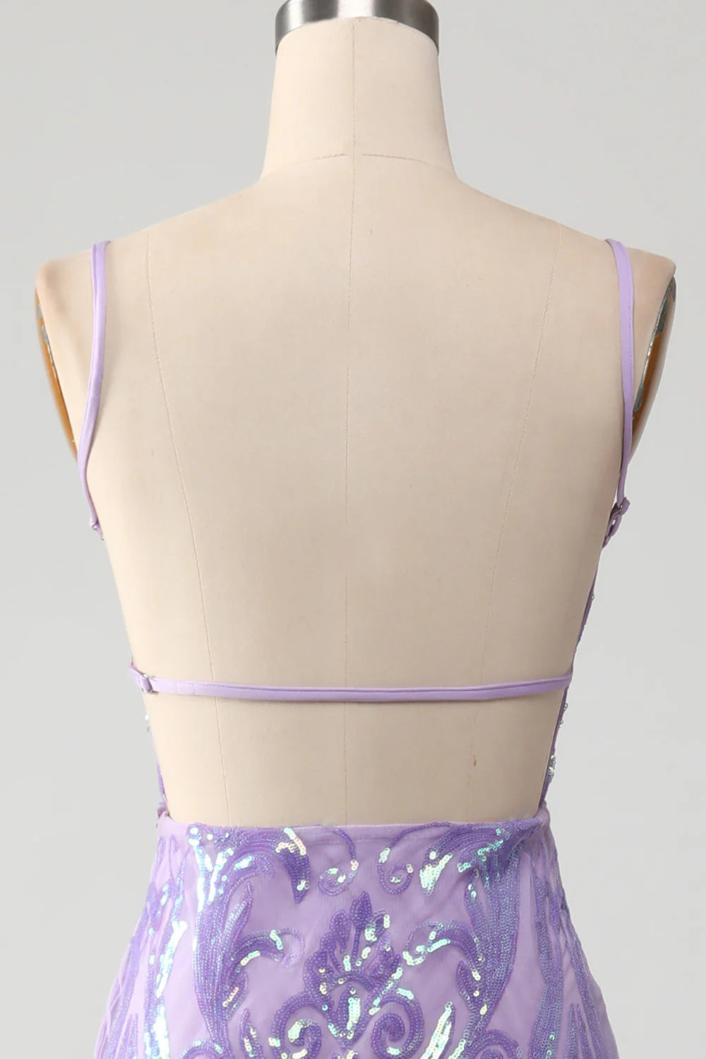 Light purple thin shoulder strap sparkling sequin backless ball dress