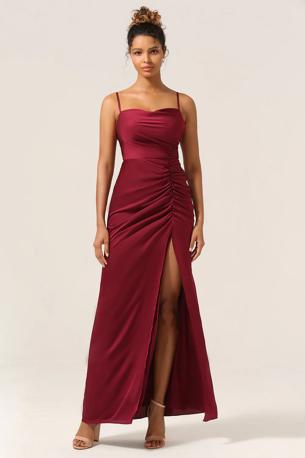 Tight fitting slim shoulder strap long bridesmaid dress with split front